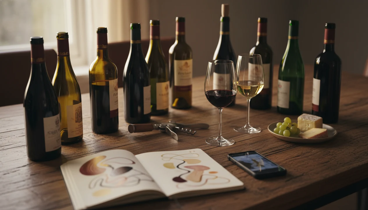 A month of scanned wine bottles, tasting notes, glasses, and a phone arranged on a warm dining table.