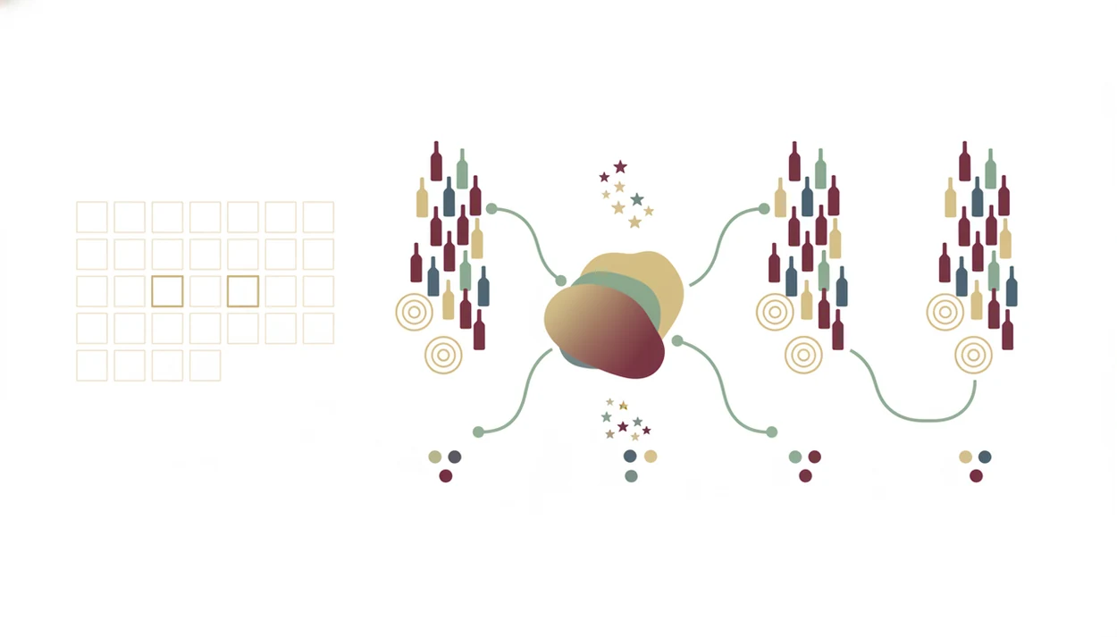 A clean diagram shows blank calendar days, bottle icons, scan marks, and taste dots forming preference patterns.