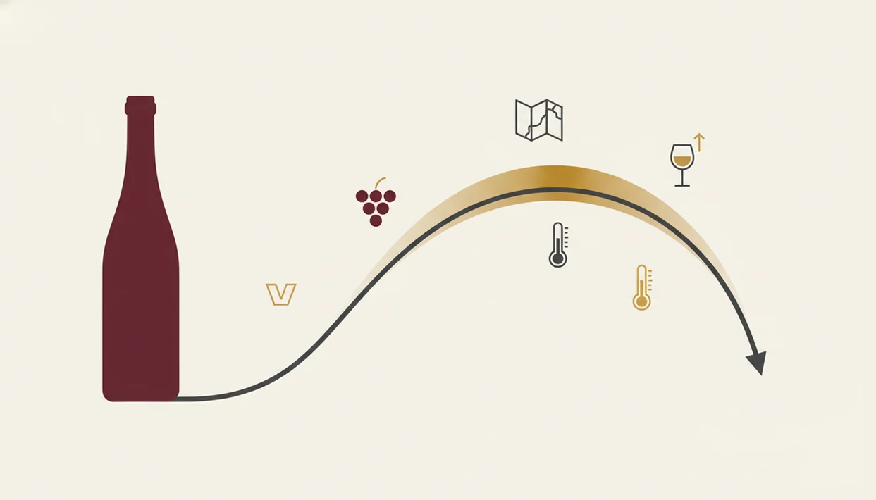 An abstract maturity curve shows bottle inputs leading to an optimal drinking window range.