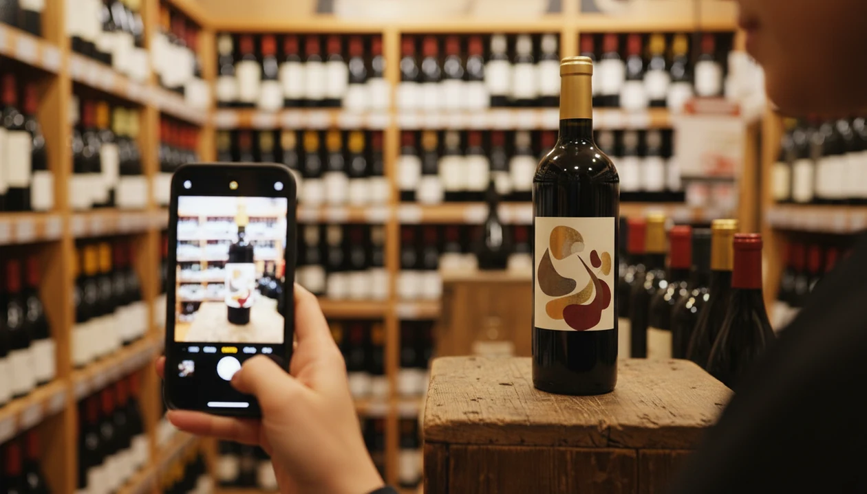 A phone scans an unreadable wine bottle label on a warm wine shop display with shelves blurred behind it.