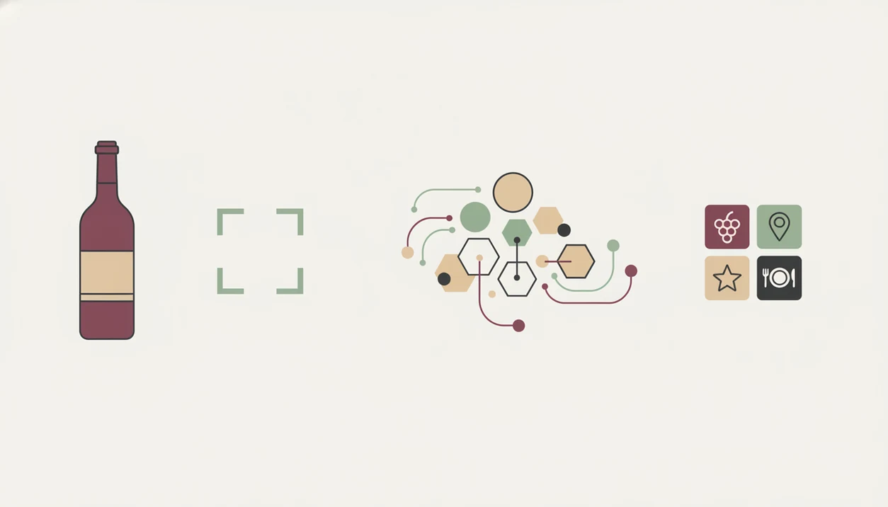 A simple visual diagram shows wine label scanning leading to grape, region, rating, and pairing icons.