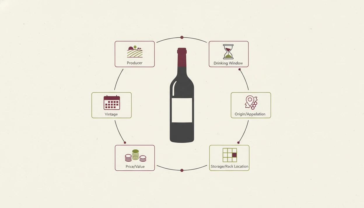 A clean diagram shows a wine bottle surrounded by icons for vintage, price, location, and timing.