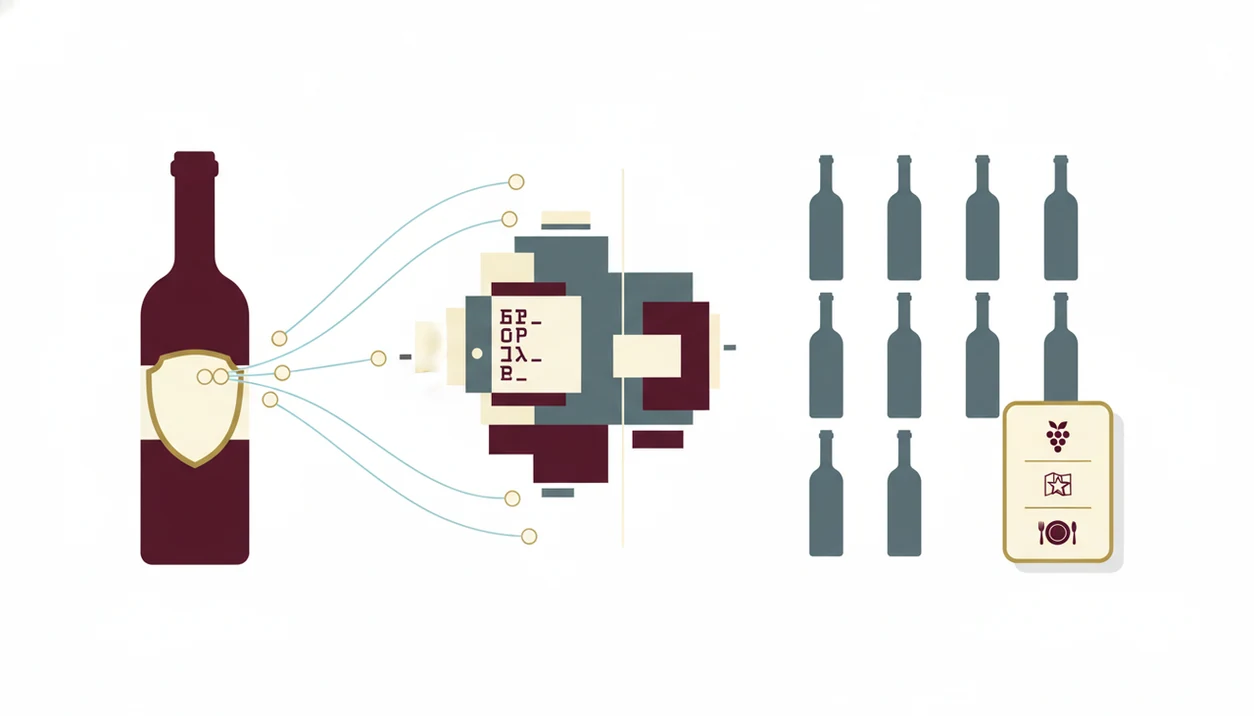 A clean diagram shows a wine label becoming visual features, database matches, and app-style result icons.