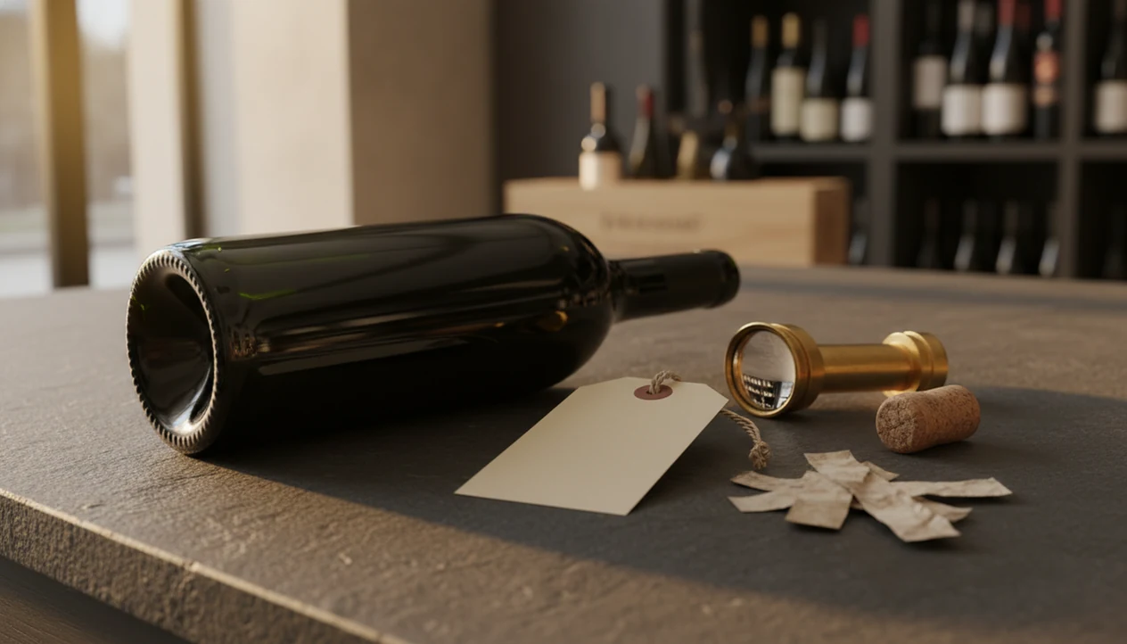 A wine bottle with a blank price tag, cork, loupe, and tasting papers on a stone counter.