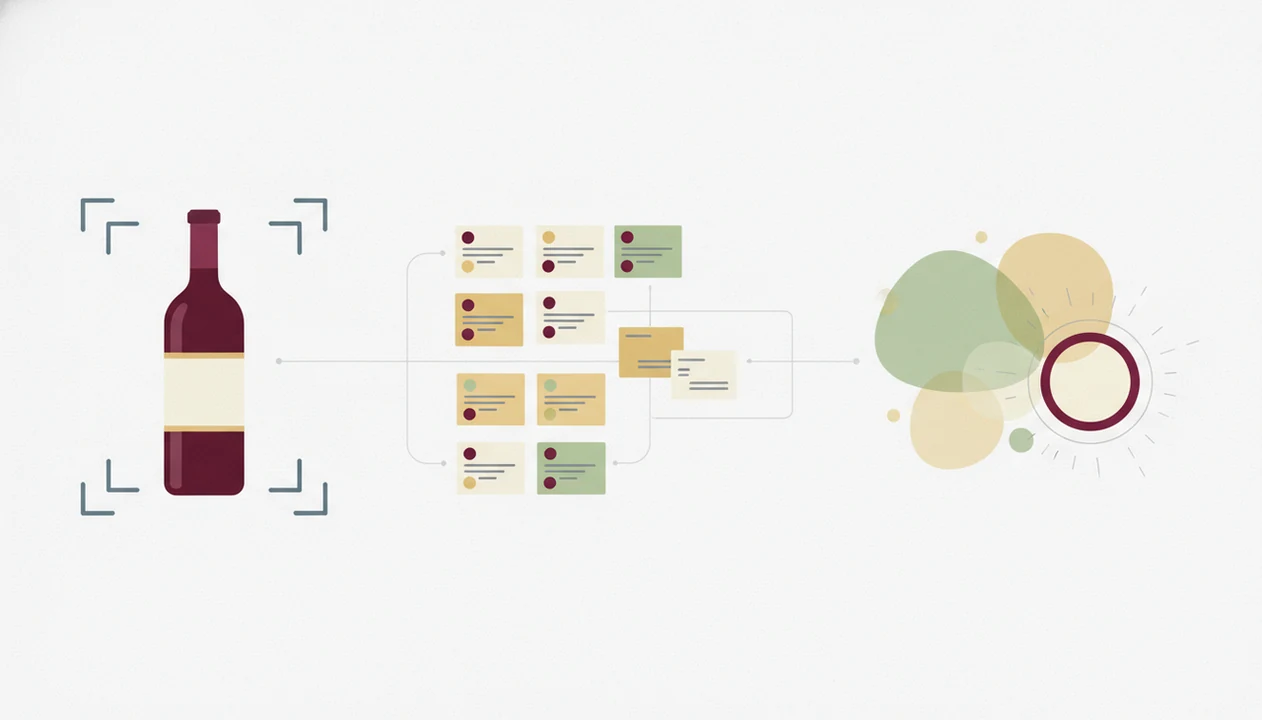 An abstract diagram shows a scanned wine bottle connecting to database cards and taste matches.