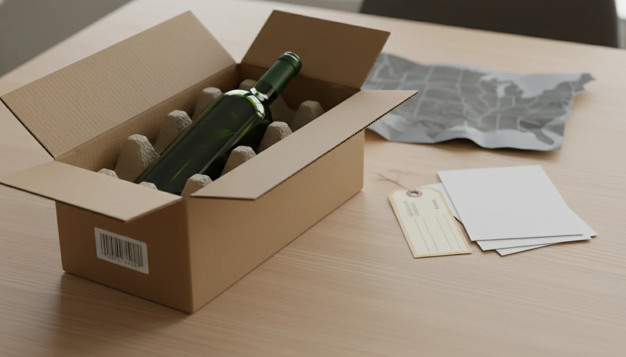 A wine bottle sits in protective shipping packaging beside blank delivery and compliance paperwork.